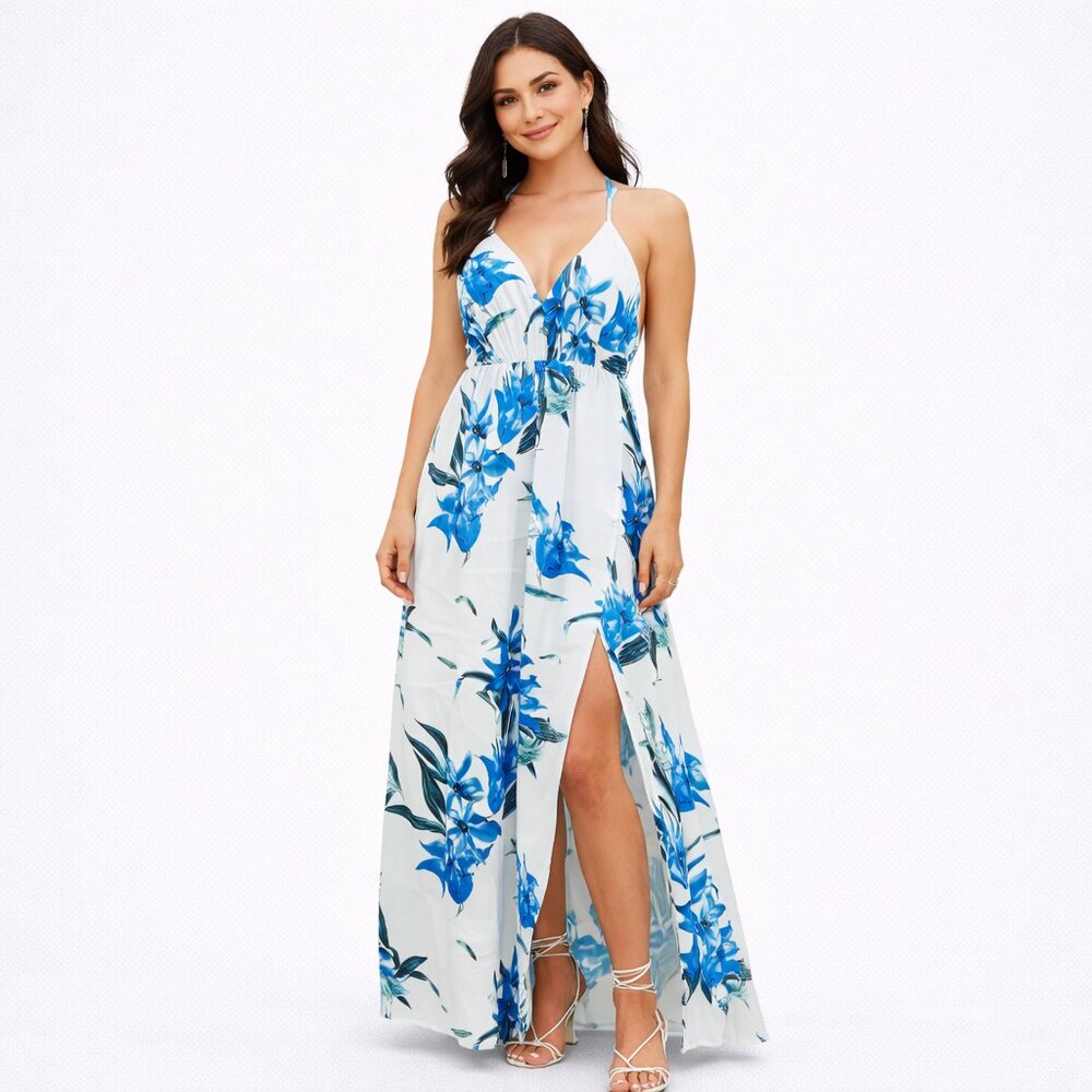 Floral Maxi Babydoll Dress Sz S White Blue Halter Slit Backless Boho Cottagecore
